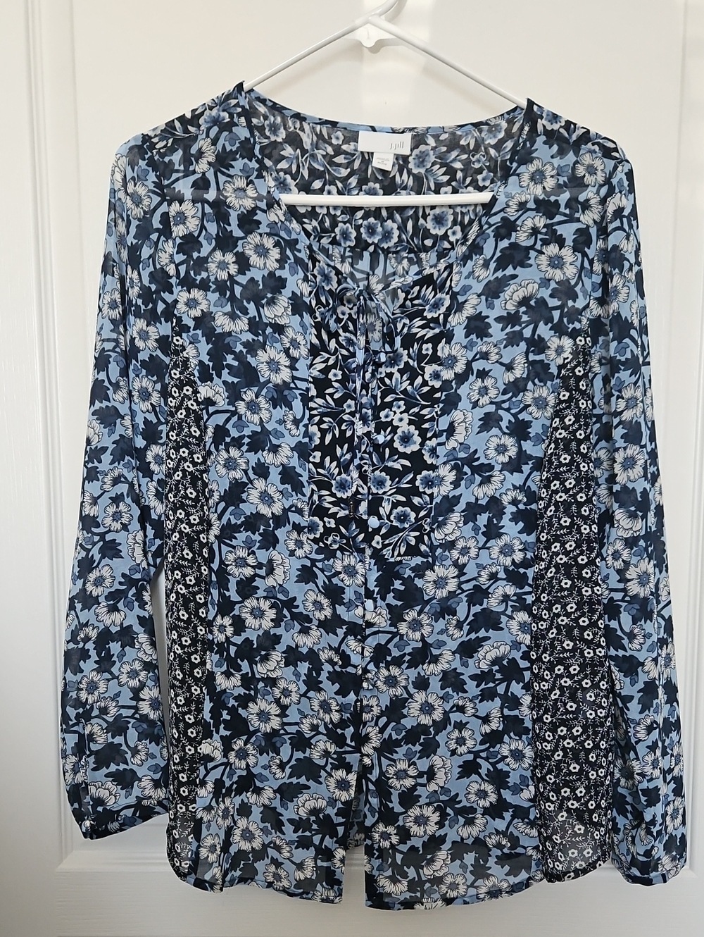 J. Jill Light Blue and Navy Floral Tie-Front Blouse